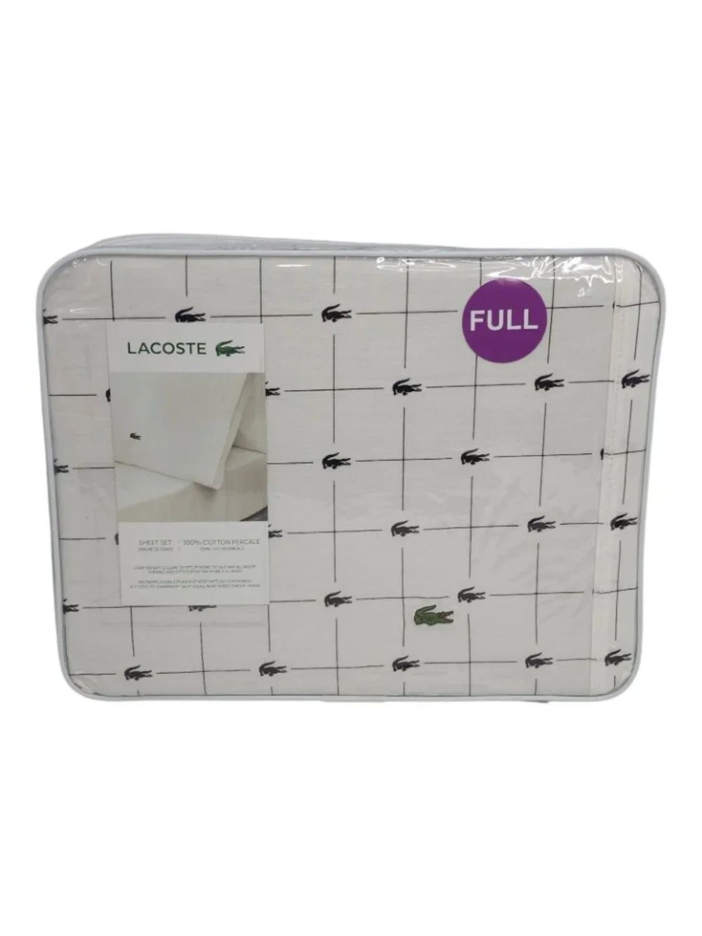 Lacoste Full Sheet Set 100% Cotton Percale Durable Soft Grid Crocodile Design